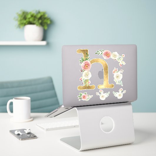 H Letter Goud Blush Roos Bloemen Foliage Waterverf Sticker (Laptop op bureau)