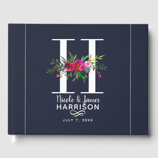 H Letter Initiaal Monogram Bloem Naam Trouwfeest Gastenboek (Voorkant)