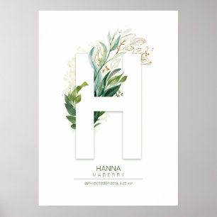 H Letter Monogram Gold Greenery Foliage Chic Poster