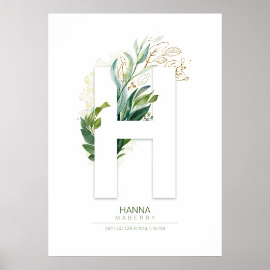 H Letter Monogram Goud Groene Bladeren Chic Poster (Voorkant)