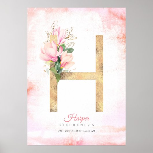 H Letter Monogram Gouden Bladeren Roze Magnolia Bl Poster (Voorkant)