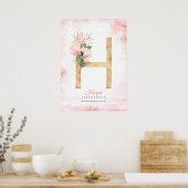 H Letter Monogram Gouden Bladeren Roze Magnolia Bl Poster (Keuken)