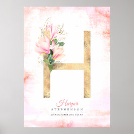 H Letter Monogram Gouden Bladeren Roze Magnolia Bl Poster