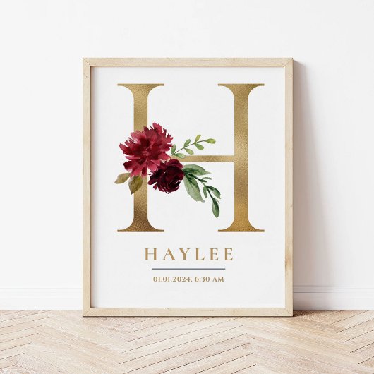 H Letter Monogram Naam Marsala Bloemenkwekerij Poster
