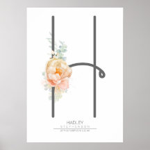 H Letter Monogram Roze Perzik Bloemige Huisdecorat