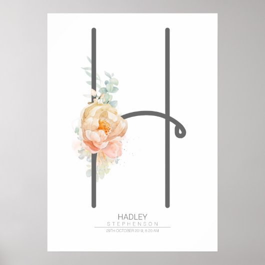 H Letter Monogram Roze Perzik Bloemige Huisdecorat Poster (Voorkant)
