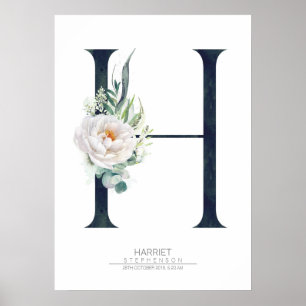 H Letter Monogram Witte Bloemen en Groene Bladeren Poster