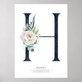 H Letter Monogram Witte Bloemen en Groene Planten Poster