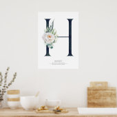 H Letter Monogram Witte Bloemen en Groene Planten Poster (Keuken)