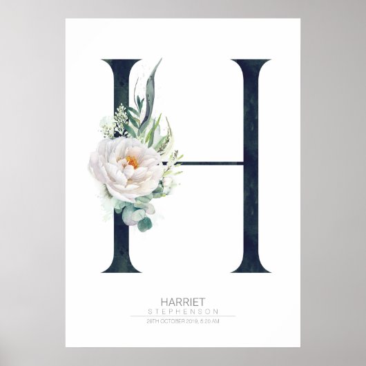 H Letter Monogram Witte Bloemen en Groene Tinten Poster (Voorkant)