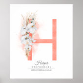 H Letter Monogram Witte Orchideeën en Pampagras Poster (Voorkant)