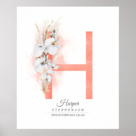 H Letter Monogram Witte Orchideeën en Pampagras Poster