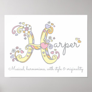 H monogram art Harper meisjes naam poster
