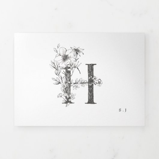 'H' Monogram Beauful Sketched Floral Wedding Drieluik Uitnodiging (Cover)
