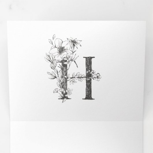 'H' Monogram Beauful Sketched Floral Wedding Drieluik Uitnodiging (Binnenzijde eerst)