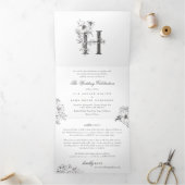 'H' Monogram Beauful Sketched Floral Wedding Drieluik Uitnodiging (Binnen)