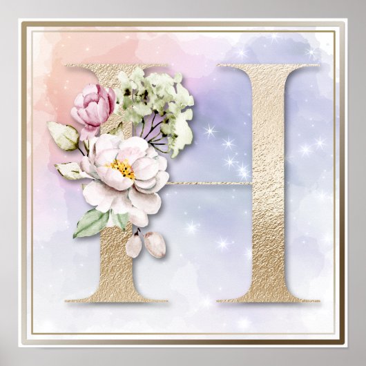 H Monogram Bordeaux Bloemenposter Poster (Voorkant)