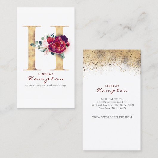 H Monogram Bourgogne Rode bloemen en Faux Gold Visitekaartje (Voorkant / Achterkant)