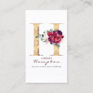 H Monogram Burgundy Red Flowers en Faux Gold Visitekaartje