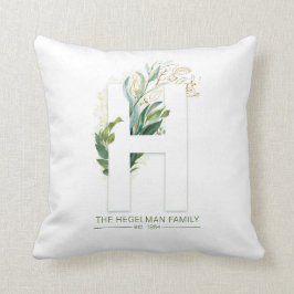 H Monogram Elegant Gold Greenery Familienaam Kussen