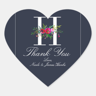 H Monogram Laatste Initiaal Modern Blauwe Bloemige Hart Sticker