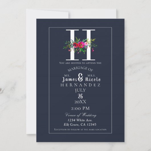 H Monogram Laatste Initiaal Modern Blue Floral Wed Kaart (Voorkant)