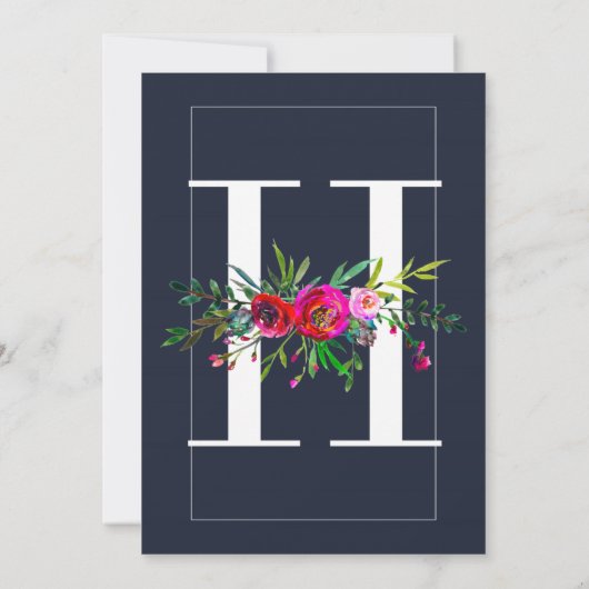 H Monogram Laatste Initiaal Modern Blue Floral Wed Kaart (Achterkant)