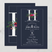 H Monogram Laatste Initiaal Modern Blue Floral Wed Kaart (Voorkant / Achterkant)