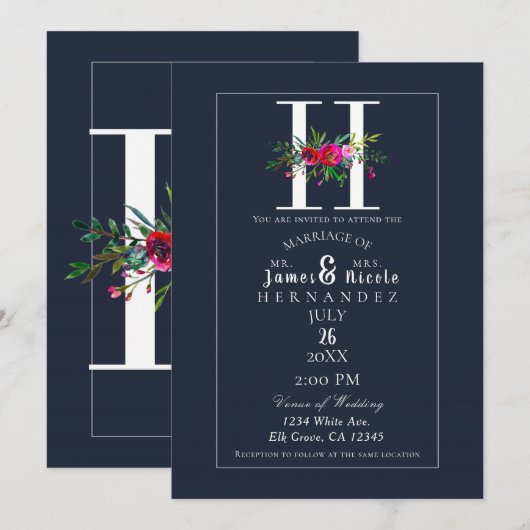 H Monogram Laatste Initiaal Modern Blue Floral Wed Kaart (Voorkant / Achterkant)