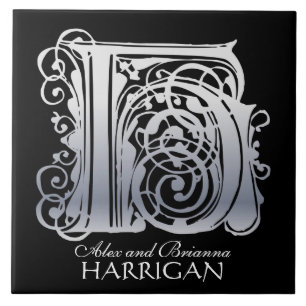 H Monogram "Silver Lace on Black" met Names-Tegel Tegeltje