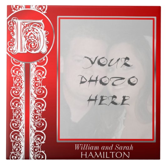 H Monogram "White Lace on Red" met foto - Tegel Tegeltje (Voorkant)