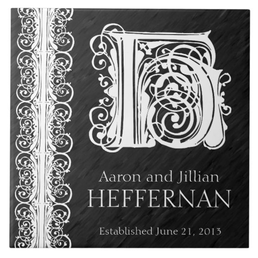 H Monogram "Witte kant op zwart" Trouwring Tegel Tegeltje (Voorkant)