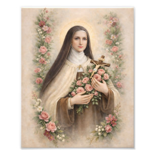 H. Thérèse van Lisieux met Rozen Vintage Katholiek Foto Afdruk