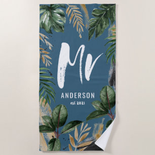 H. tropische blad & typografie blauw modern strandlaken