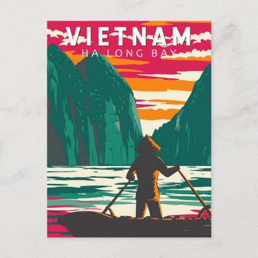 Ha Long Bay Vietnam Bootverkoper Reizen Kunst Vint Briefkaart (Voorkant)