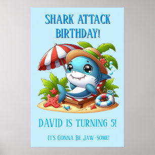 Haai-aanval strand verjaardagsposter Bewerkbare Poster