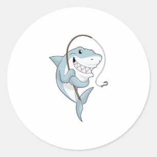 Haai als visser met hengel ronde sticker