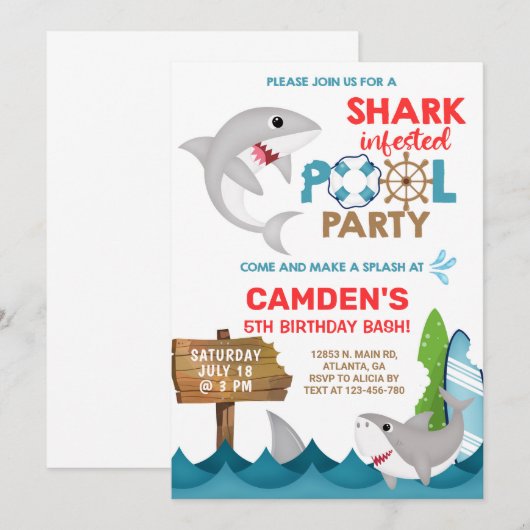 Haai besmet zwembad party bash, jongen verjaardag. kaart (Voorkant / Achterkant)