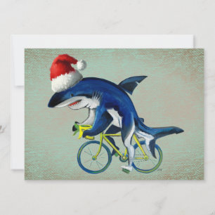 Haai die op een fiets rijdt met een kerstmuts feestdagenkaart