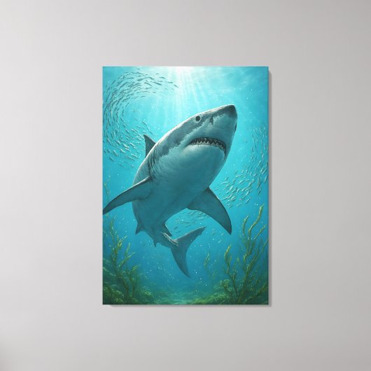 Haai en kleine vissen onderwater scène canvas afdruk (Voorkant)