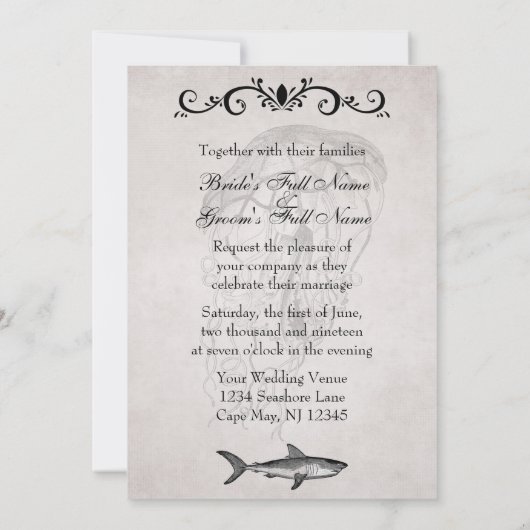 haai en kwal bruiloft receptie kaart (Achterkant)