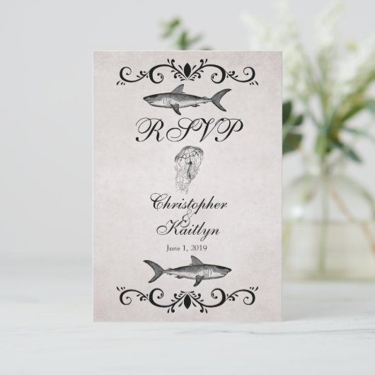 haai en kwal bruiloft RSVP Kaarten (Staand voorkant)