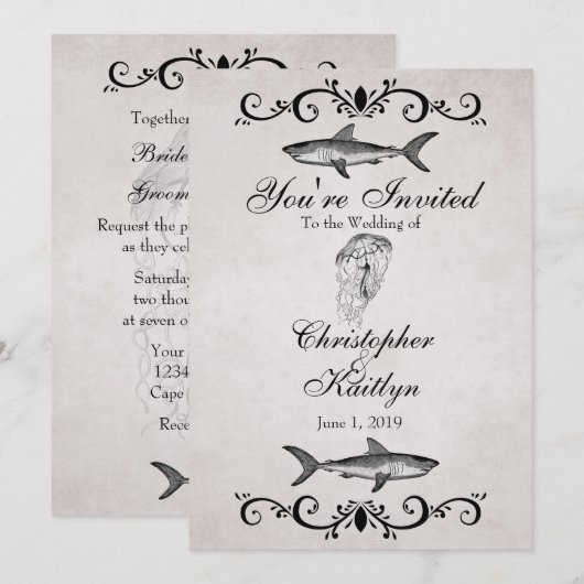 haai en kwal strand bruiloft kaart (Voorkant / Achterkant)