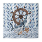 Haai en stuurwiel van het schip tegeltje (Voorkant)