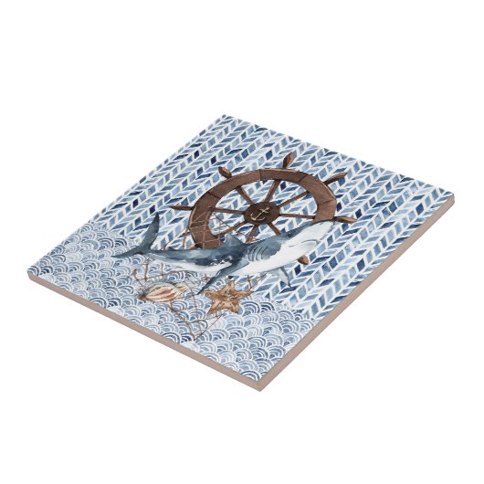 Haai en stuurwiel van het schip tegeltje (Zijkant)
