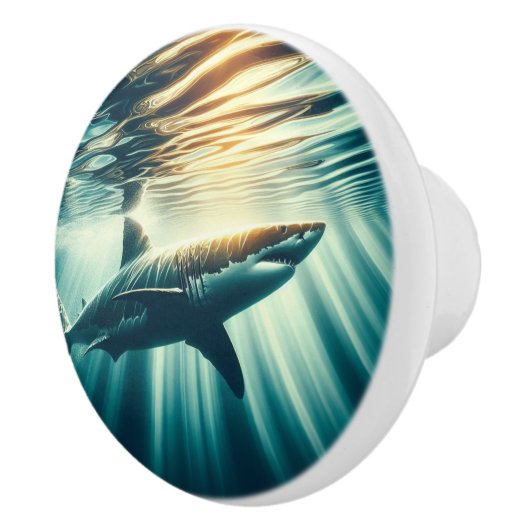 Haai in het diepblauwe zee & zonlicht keramische knop (Rechts)