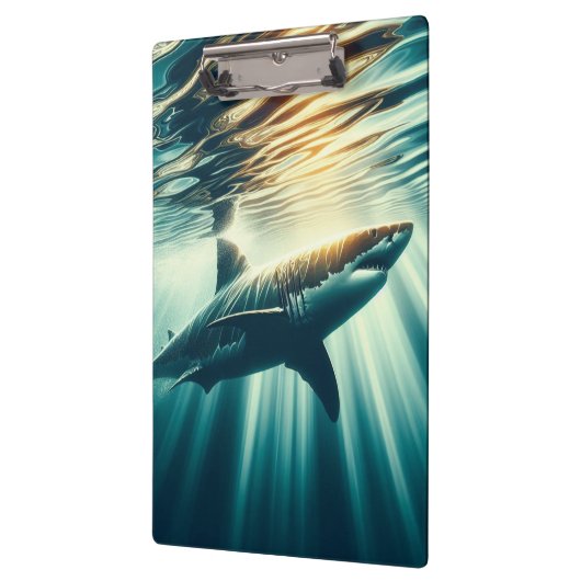Haai in het diepblauwe zee & zonlicht klembord (Links)