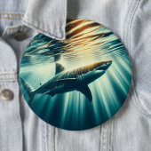 Haai in het diepblauwe zee & zonlicht ronde button 6,0 cm (In situ)