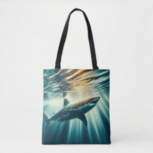 Haai in het diepblauwe zee & zonlicht tote bag