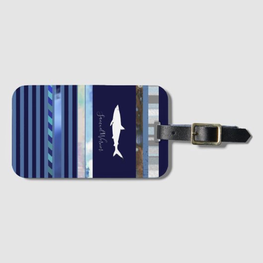 haai met naam op gestreept blauw bagagelabel (Voorkant (horizontaal))